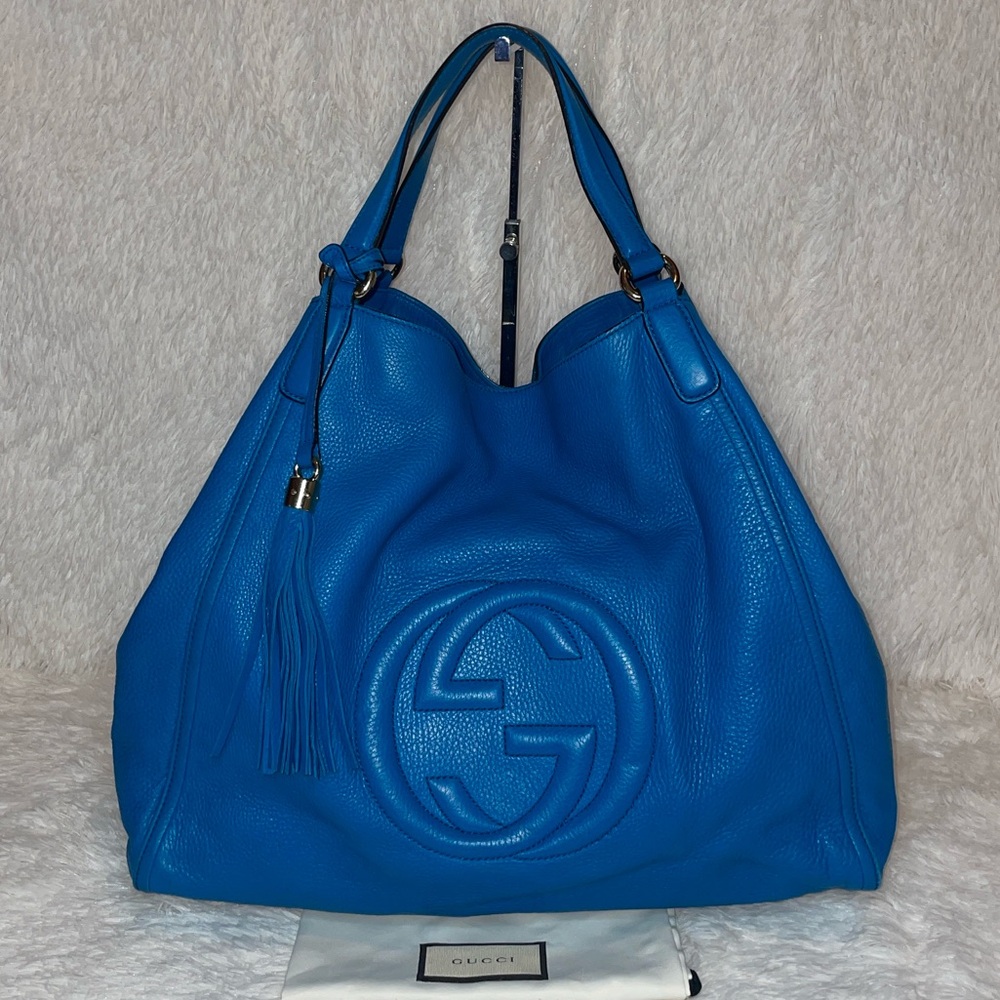 Gucci Soho Interlocking G Leather Tassle Large Shoulder Tote Bag in Vibrant Blue